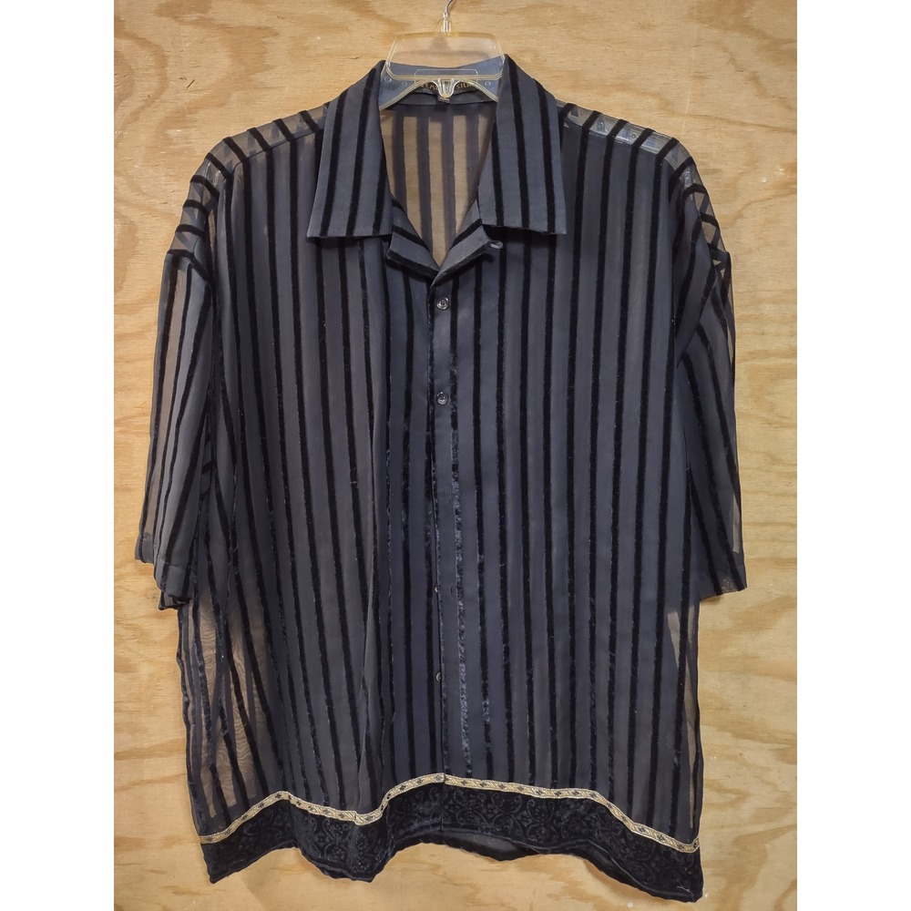 Creme De Silk Mens XL Vintage Sheer Velvet Stripe Button Down Shirt Black Gold